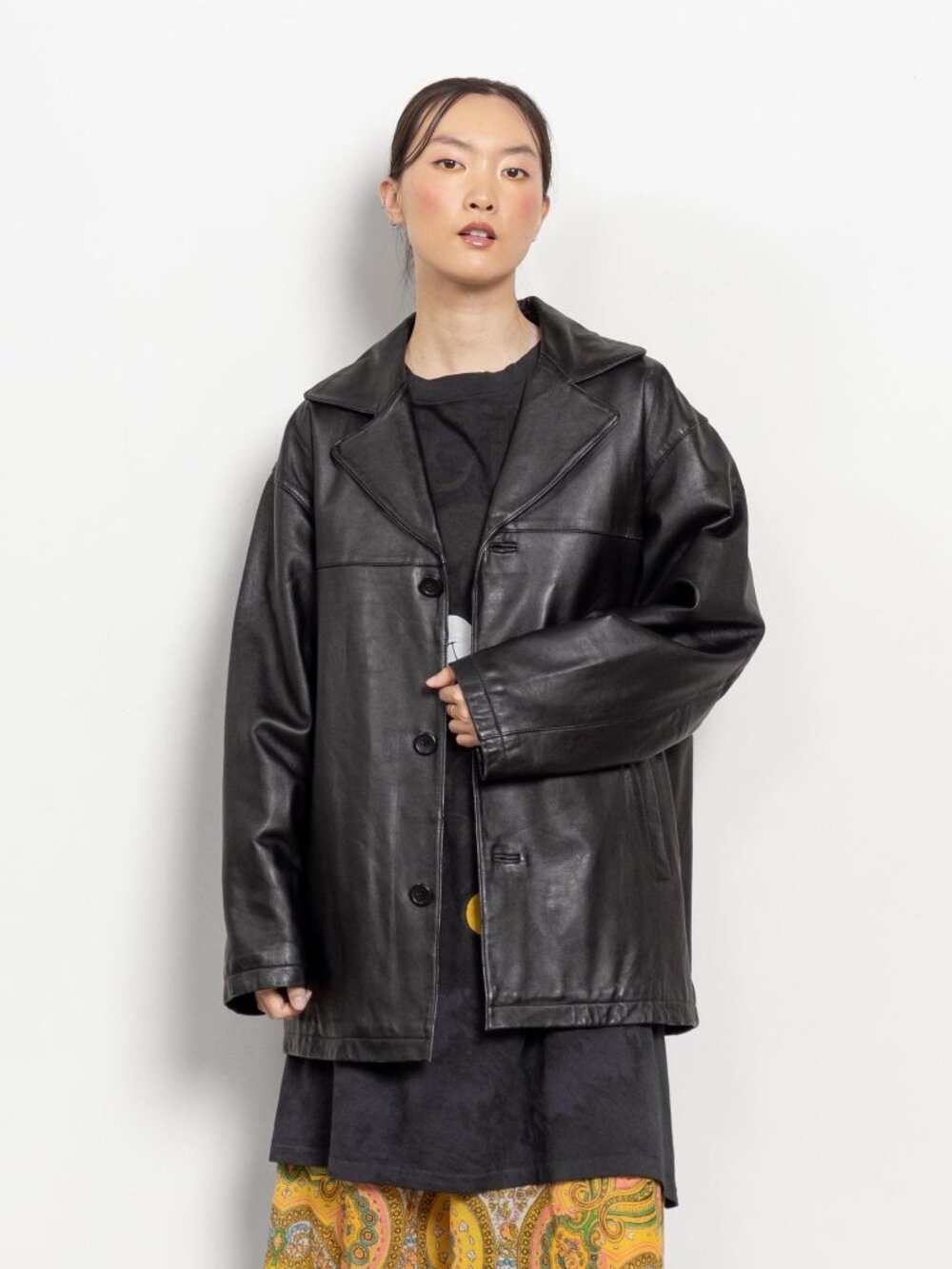 BLACK LEATHER TRENCH Midi Jacket Vintage Oversize Boxy / Medium Large